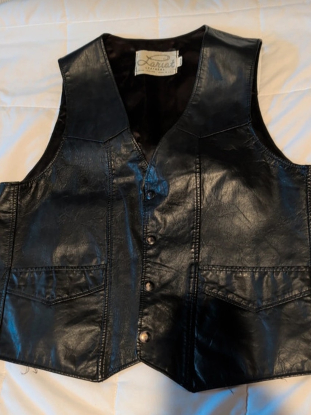 Vintage "Lariat" Black Leather Men's Western Vest - Classic Button Front Size M